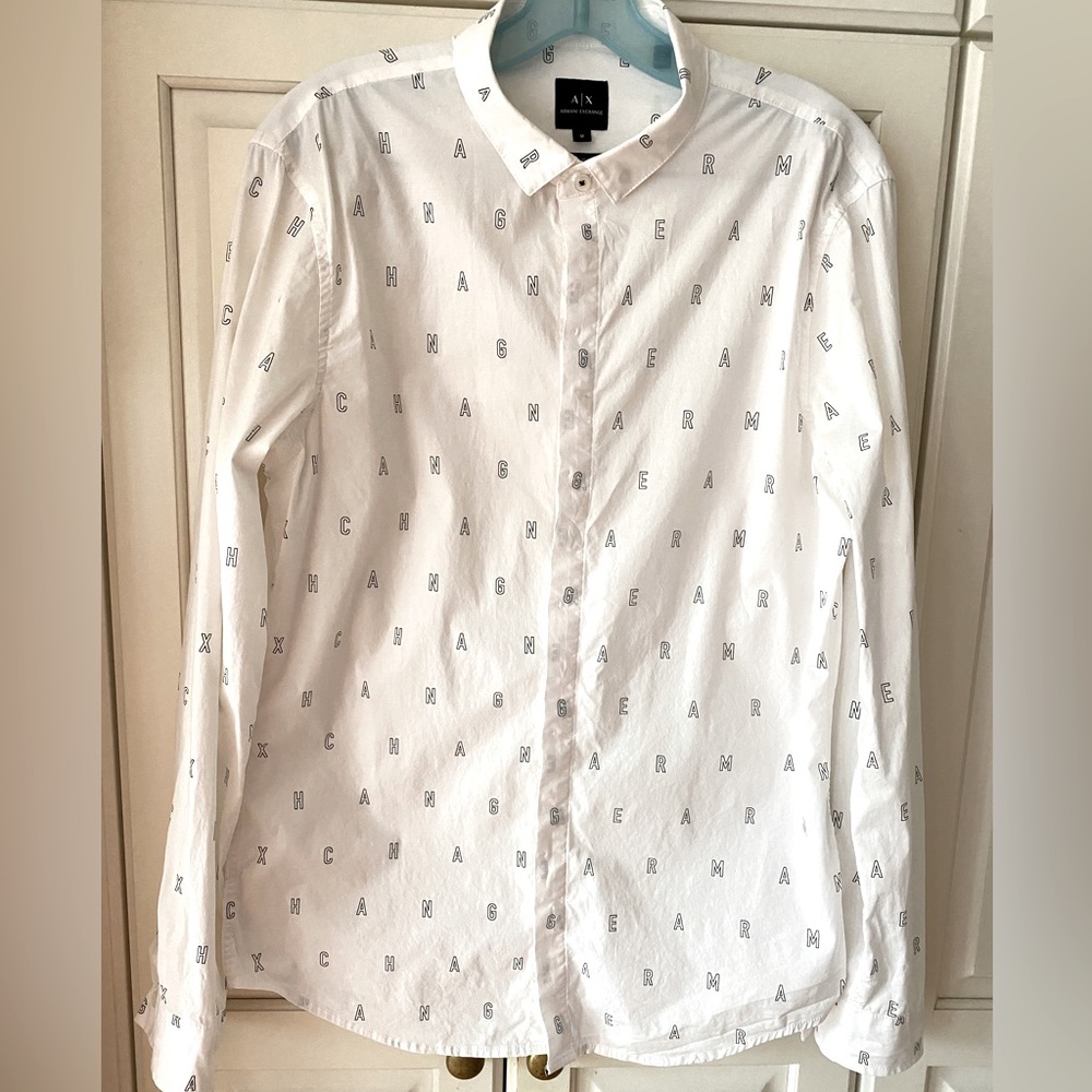 Armani Exchange print Shirt cotton white Button Front Long Sleeve Men's Slim M